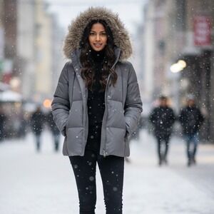 Calvin Klein Duck Down Puffer Jacket Women's XS Faux Fur Removable Hood Feathers